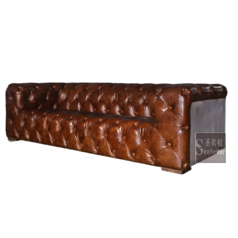 customized aviation furniture sofa tufted brown leather fully buttons Aluminium back loft industrial retro chesterfield sofa