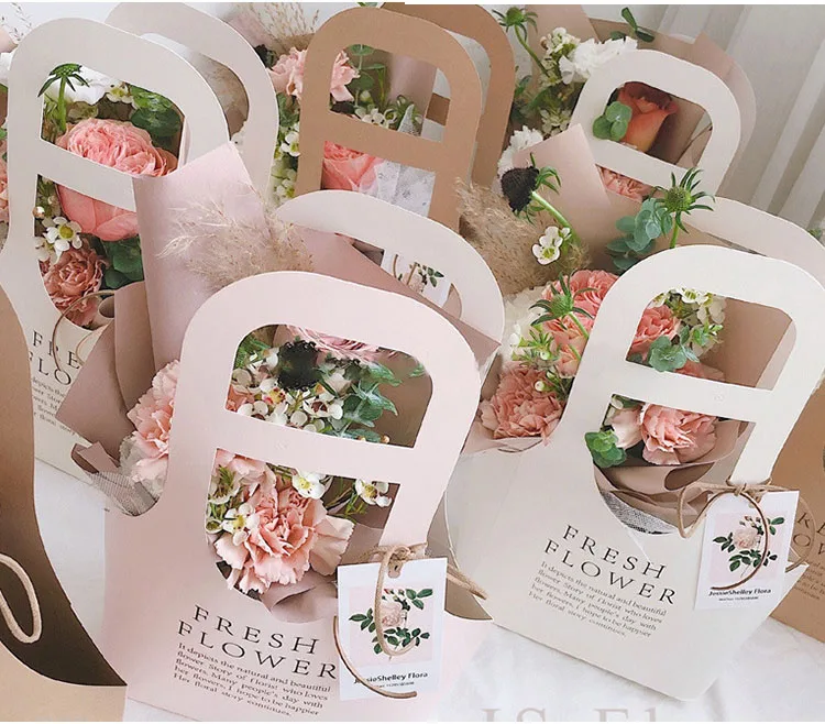 Fashional Waterproof Florist Bouquet Packaging Rose Sunflower Anniversary Gift Flower Carry Kraft Paper Bags