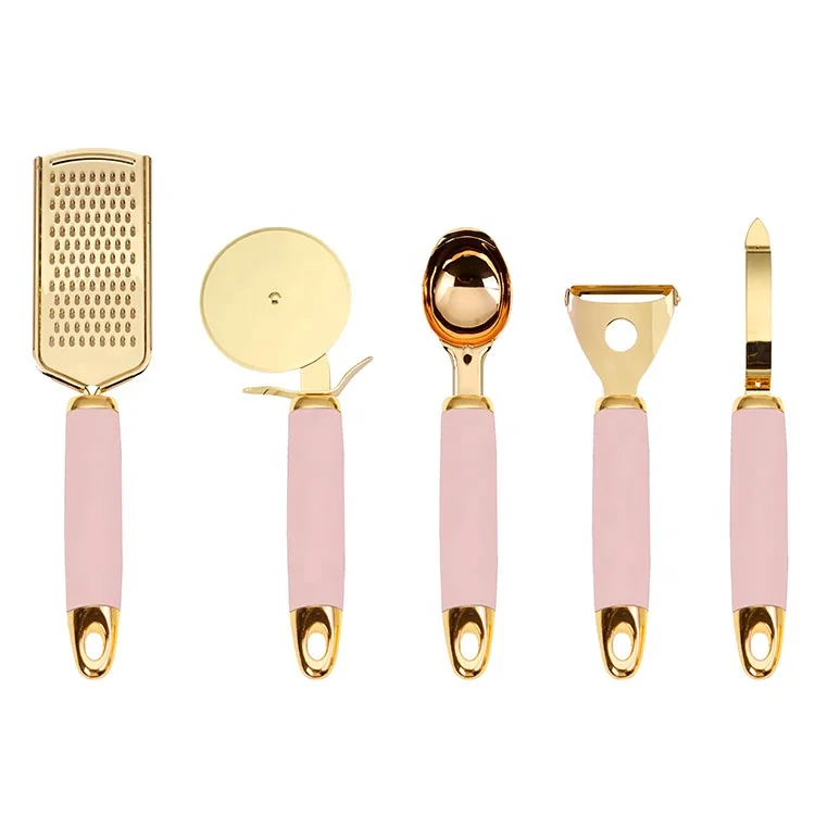 
kitchen flat kitchenware accessories, 5 pcs in one set, Ginger Grater,Peeler,Ice Cream Spoon & Pizza cutter, golden style, hot! 