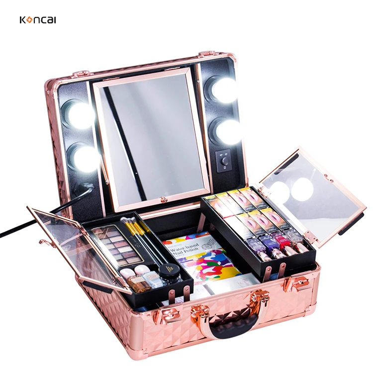 FAMA factory KONCAI  Hot Selling Portable Rolling Studio Case LED Lighted, makeup kit box rose gold  makeup case with light