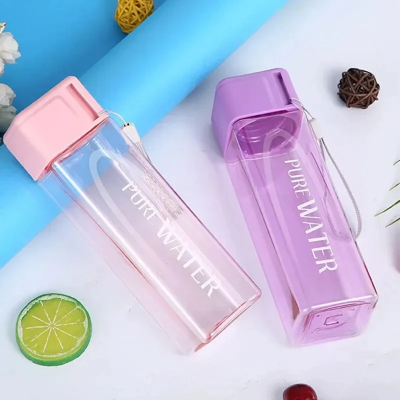 1 Pcs Clear Square Drinking Glass in Mate Plastic, Portable Water Bottle with Milk Cable for Outdoor Sports