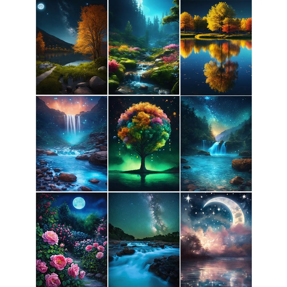 5d Diy Diamond Painting Full Round Waterfall Moon Tree Scenery Diamond Embroidery Cross Stitch Mosaic Home Landscape Wall