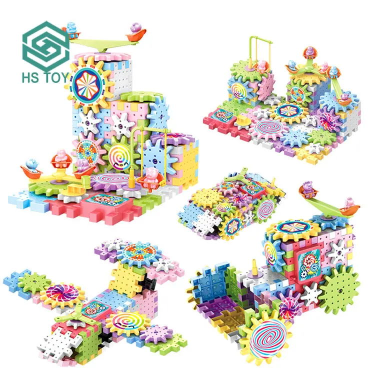HS Variable Jigsaw Puzzle Educational Set Electric Plastic Gear Rotation Mechanical Building Block Toy With 83 PCS