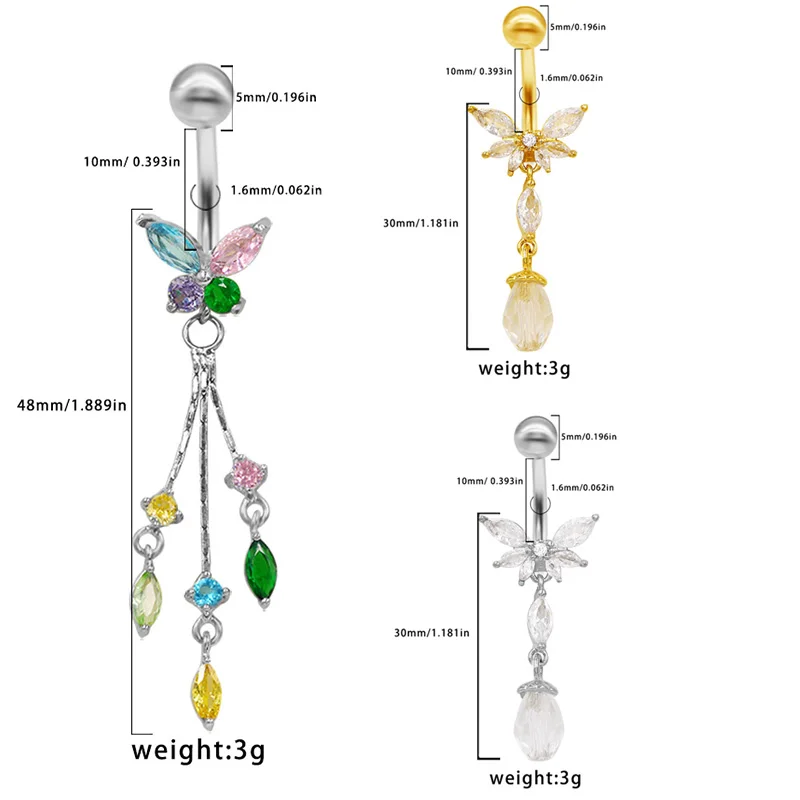 Gaby 316L Surgical Steel Belly Button Piercing Dangle Butterfly Navel Ring Fashion Rainbow Accessories Body Jewelry Belly Ring