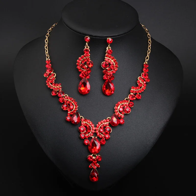 Coral Beads African Luxury Multi Color Diamond Rhinestone Gold Plated Necklace Earring Bracelet Ring 4pcs Bridal Jewelry Sets
