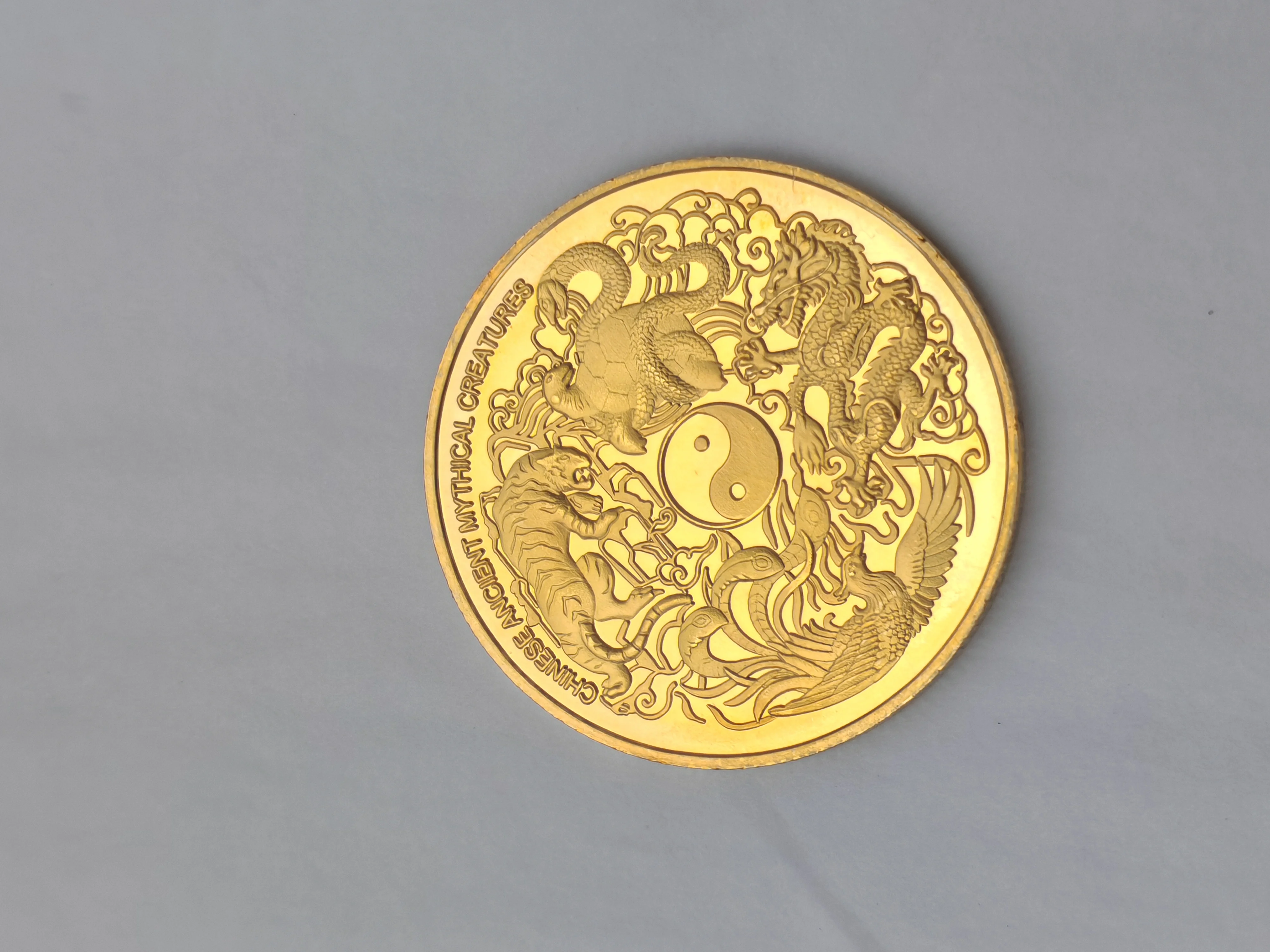 Four Chinese Mythical Beasts Gold Coins Blue Dragon White Tiger Black Tortoise Painted Commemorative Medallion Metal Crafts