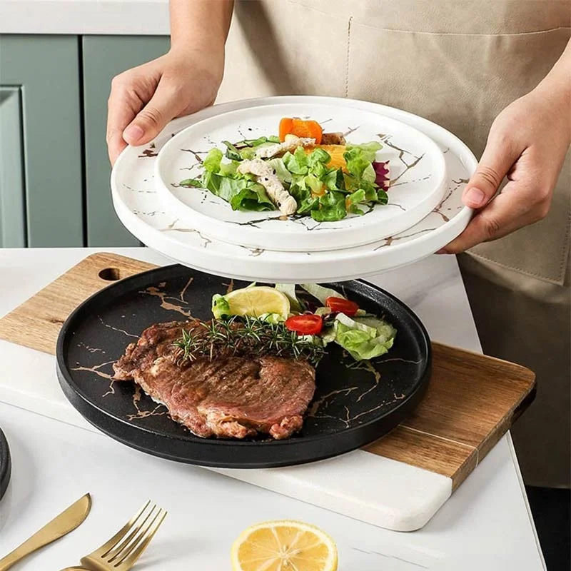 Marble Ceramic Steak Plate Nordic Gold-painted Dinner Plates and Dishes for Western Food Hotel Restaurant