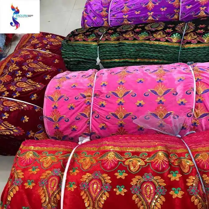 African style embroidered velvet fabric wholesale custom velvet embroidery fabric lady dress clothing apparel stock