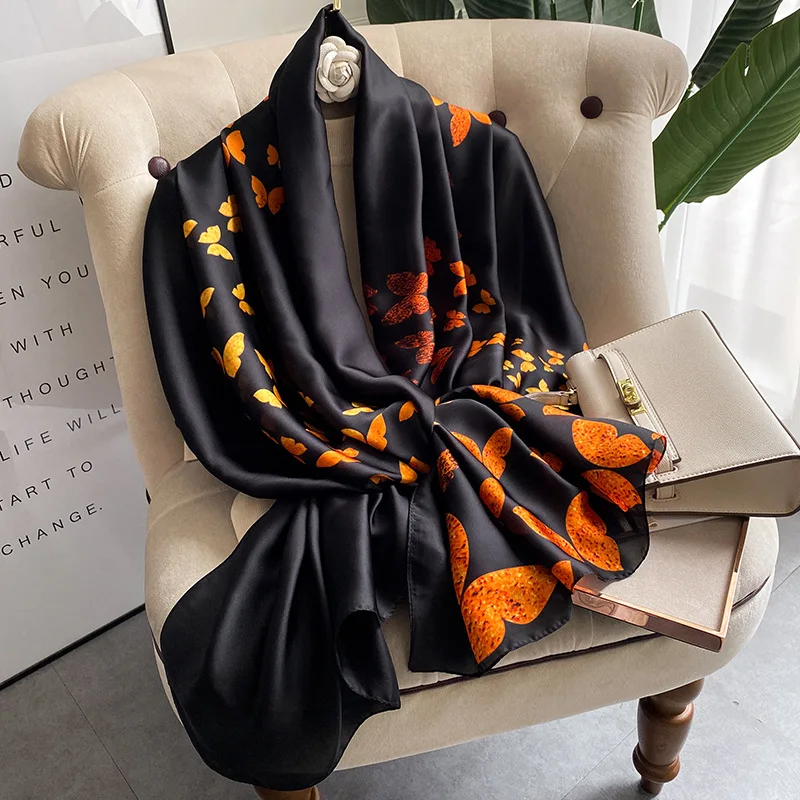 High Quality Fancy Black Gold Butterfly Printed Silk Scarves Shawls Women Large Long 180*90CM Silk Head Scarf Muslim Silk Hijabs