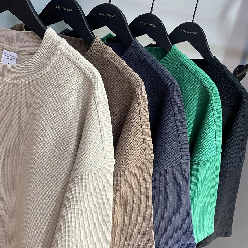 Boxy Polyester Unisex Waffle Knit Tshirt Fit Men's T Shirt Heavy Thick Collar Tee High Quality Jersey Cotton Blank 260gsm
