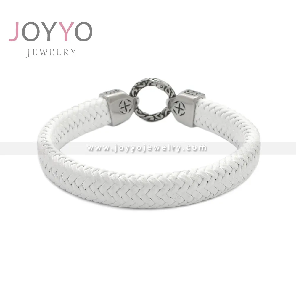 White Color Leather Cuff Bracelets Stainless Steel Leather Goth Bracelet Handmade Mens Braided Leather Jewelry
