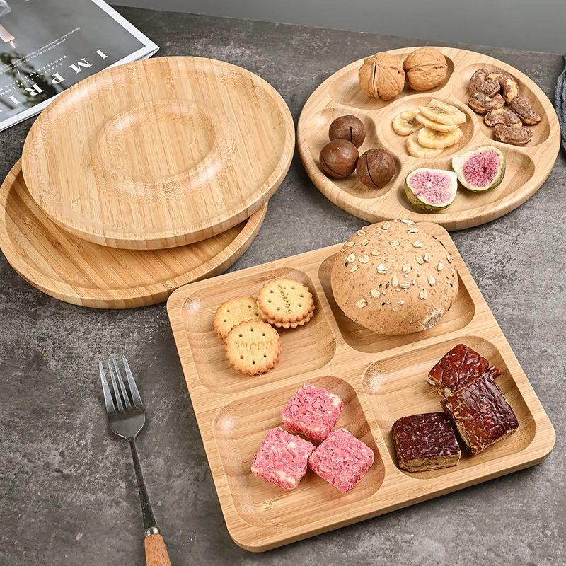 Wholesale bamboo wooden serving trays wholesale food snack fruit plate custom logo round square trays for home kitchen