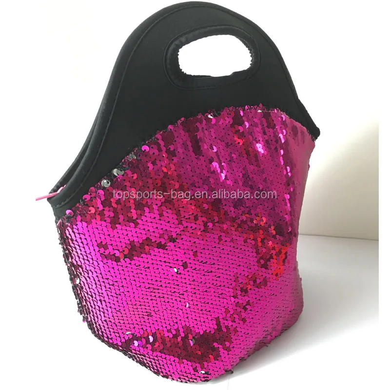 Sparkly Girls Flip Sequins Neoprene Insulated Lunch Tote Bag Rose To Silver