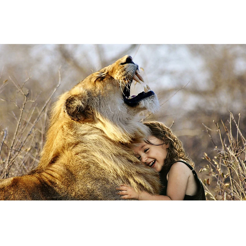 
Full Drill Round Diamond Painting Rhinestone 5D DIY Big Tiger and Little Girl Oil Canvas Offset Printing Animal Modern 