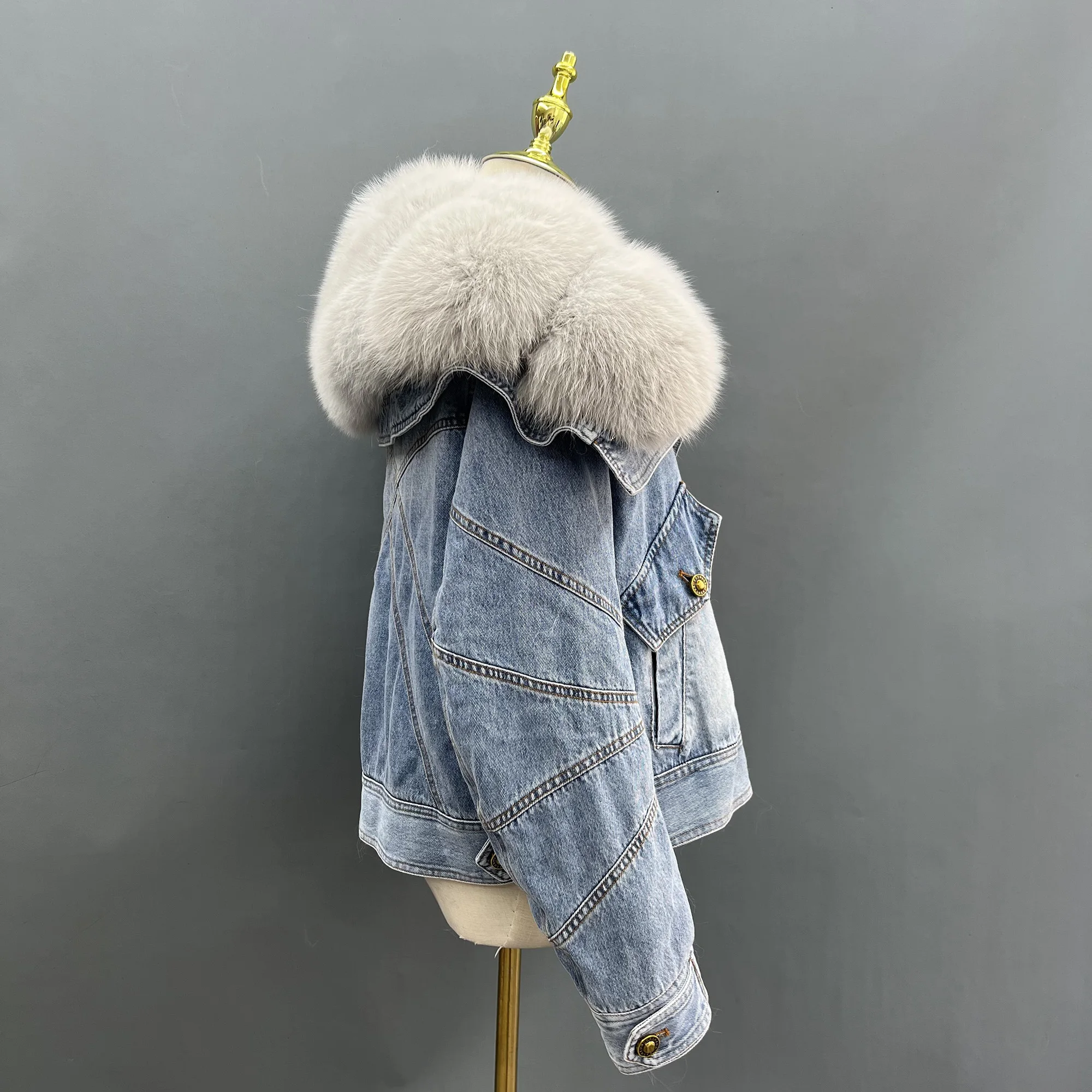 Elegant Big Real Fox Fur Collar Down Coat Feather Lining Parka Denim Fur Jacket