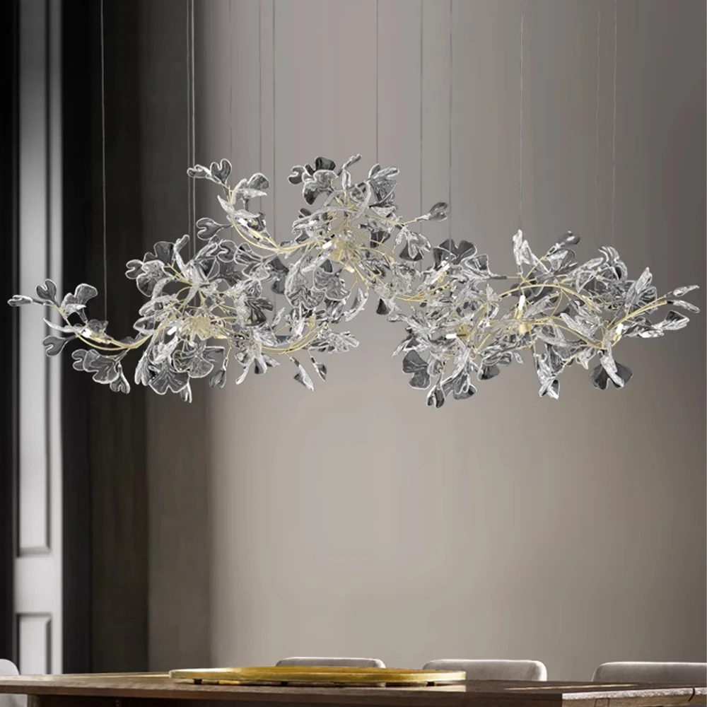 Tree Branches Ceiling Lamp Modern Luxury K9 Crystal Led Gold Chandelier Ginkgo Leaf Glass Pendant Light For Bedroom Living Room
