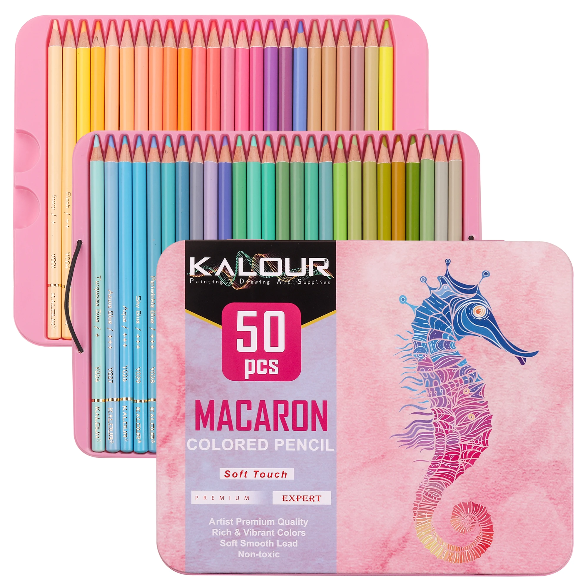 KALOUR Hot Sale High grade Vibrant Colors Soft Core Oil based 50pcs Macaron Pencil Colored Pencils in Tin Box