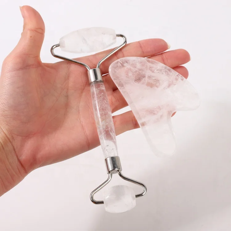 
2 In 1 Natural Crystal Facial Massager Gua Sha Set Custom Logo Rose Quartz Jade Roller For Face 
