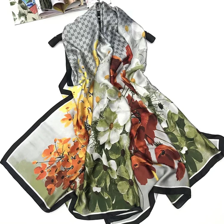 Flower color Satin Silk Smooth Long Square Neck Scarf Ladies Scarves 90*195cm Wholesale