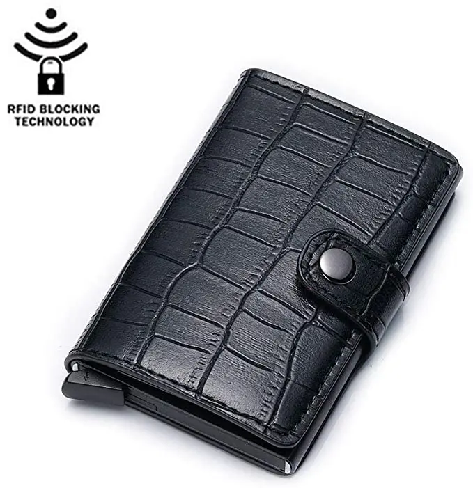 Custom RFID Blocking Slim  Aluminum Business Card Holder Designer Leather Crocodile Pattern Pop Up Card Case