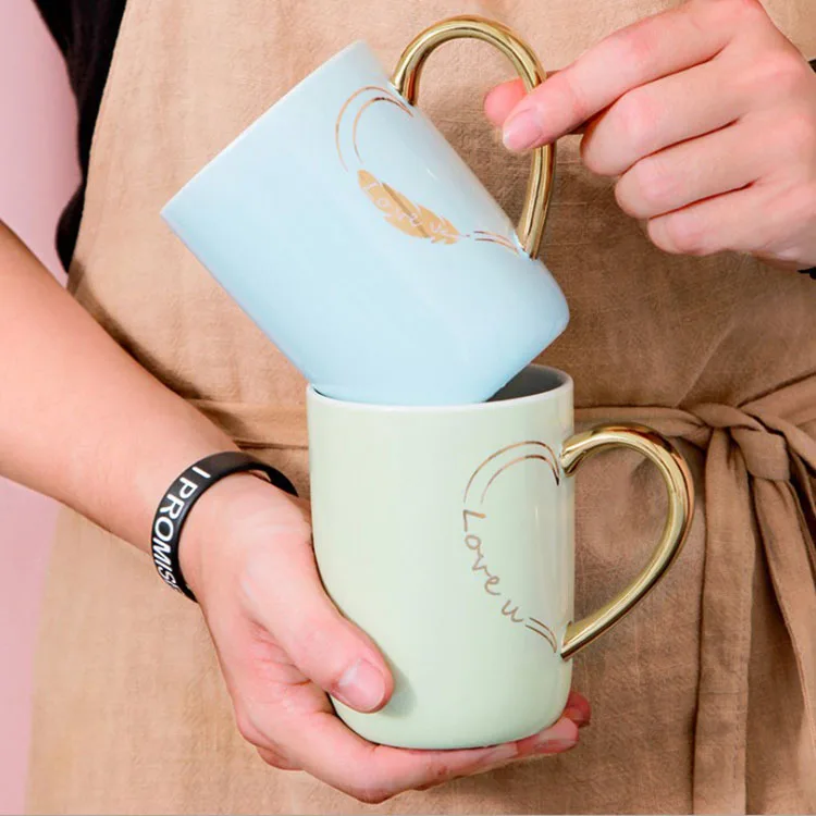 Nordic breakfast coffee cup with cover spoon lovers mug gold handle ceramic cup gift box custom wholesale