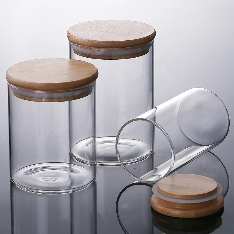 Custom Wholesale High Borosilicate Airtight 8oz 14oz Spice Storage Glass Jar With Bamboo Wood  Lid