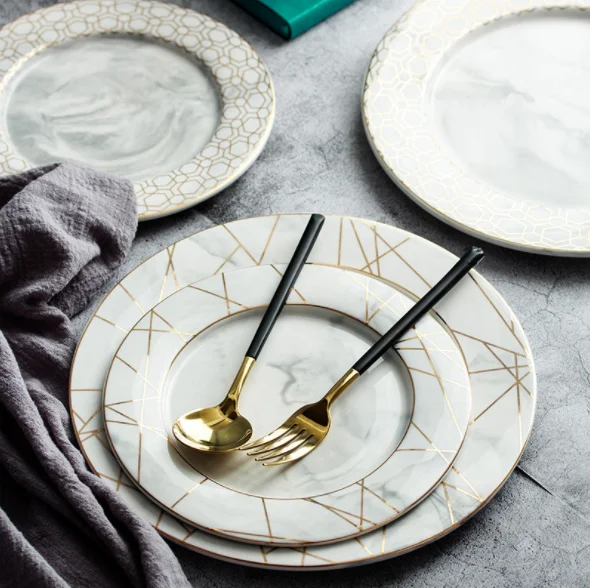 
Nordic style painting gold marble pattern western food salad household steak dessert table setting ceramic plate 