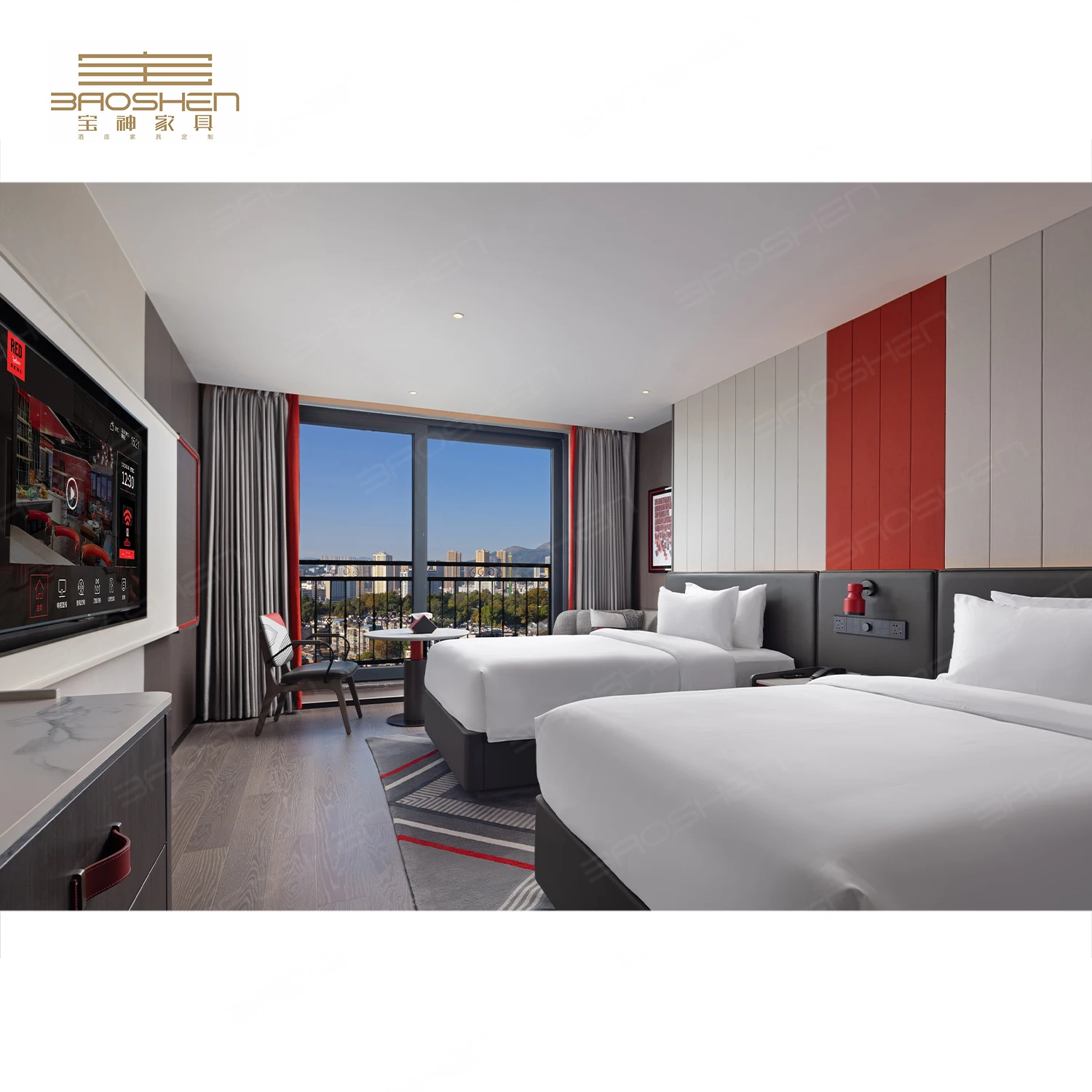 Solid Wood Hotel Room Furniture Paneling Bed Furniture Bedroom Set Wooden Top Wood Hotel Modern Panel Bedroom for 5 Star