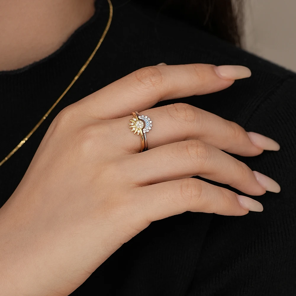 New Trendy 925 Sterling Silver Fashion Jewelry Sun Moon Sapphire Zircon Couples Matching Rings for Women