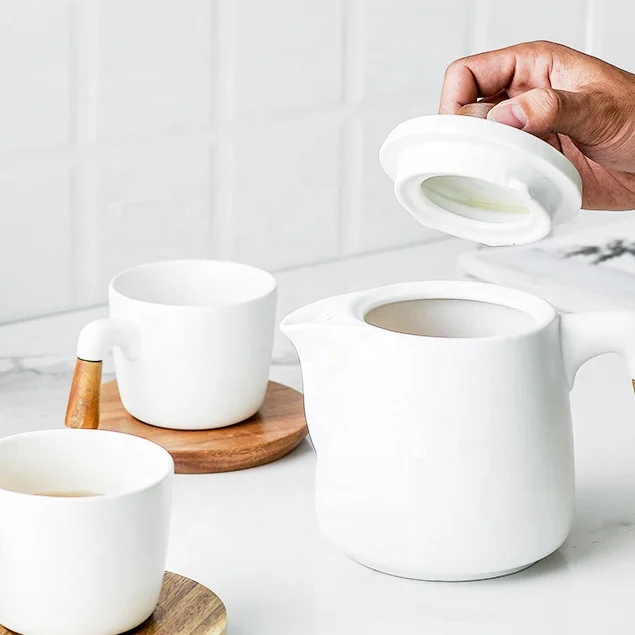 Modern Ceramic Teapot With Acacia Wooden Handle White Black Teapot Ceramic withGift Box