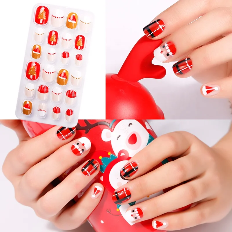 New Year Children Pre-Glue Short False Nails Art Kits Christmas Kids Press on Nails for Teenager Girls