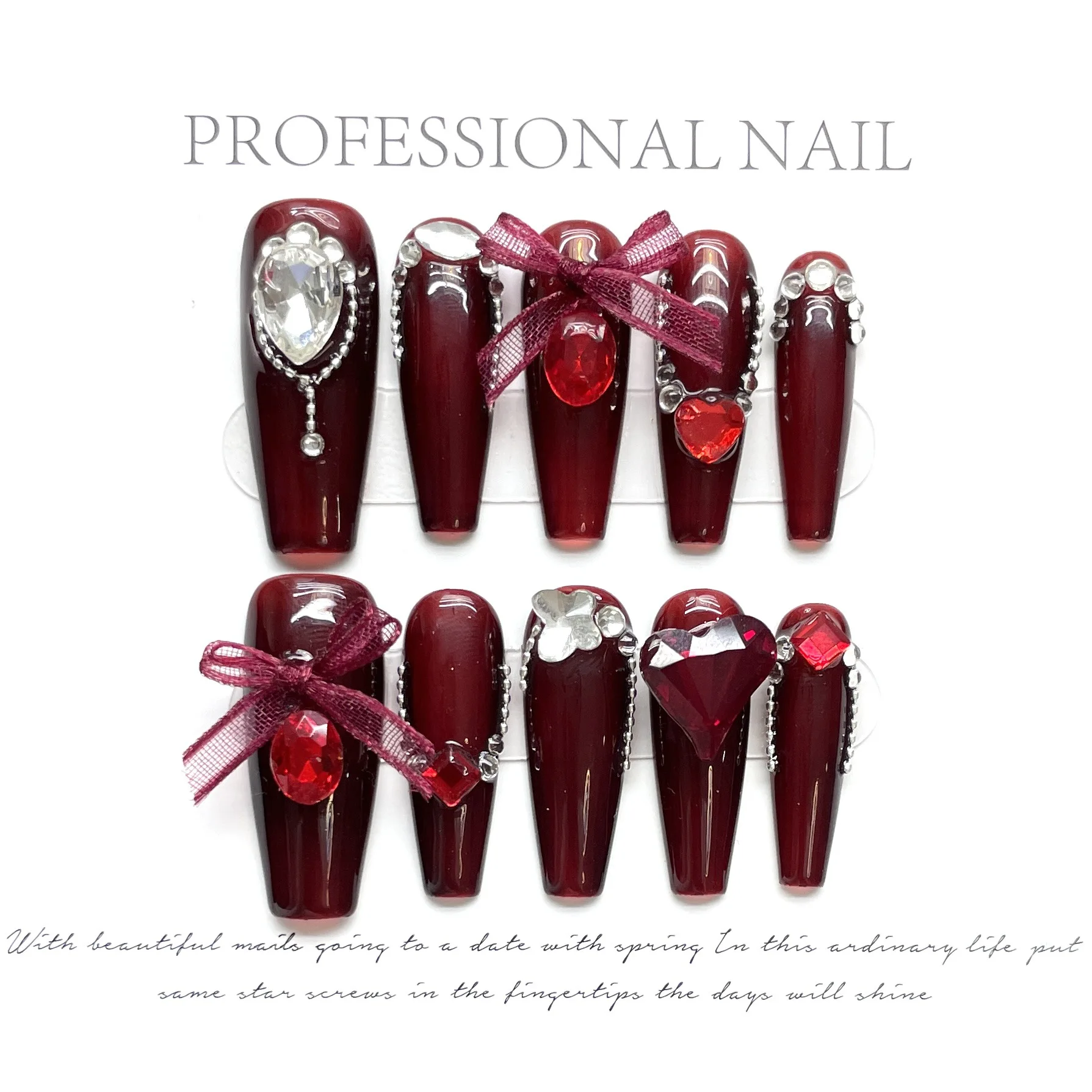 Design #1405 10pcs 3d Luxury Handmade Artificial Fingernails French Tip Nails Cherry Red Diamond Coffin Long Press On Nails