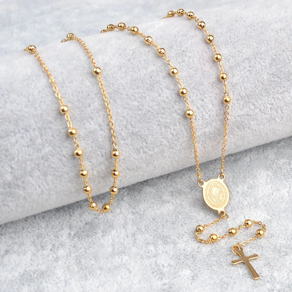 St Benedict Gold Plated Silver Stainless Steel Religious Long Rosaries Virgin Mary Cross Necklace Catholic Rosary