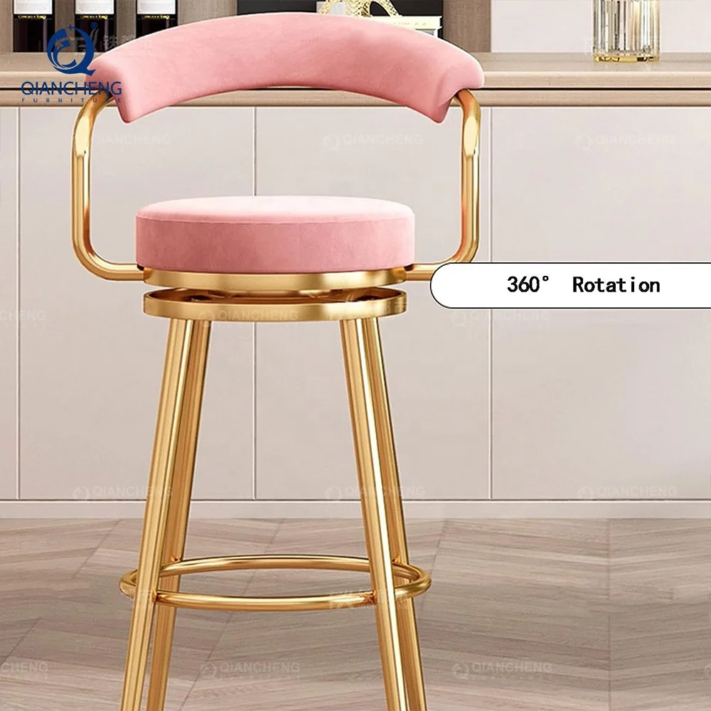 QIANCHENG luxury home furniture supplier high velvet chair kitchen island barstool high back swivel tall bar counter stool