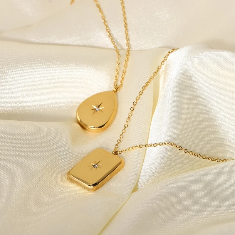 Stainless Steel Tarnish Free Waterproof Gold Plated North Star Starburst Moon Crescent Pendant Diamond Necklace