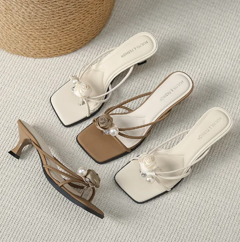 Outerwear slippers New summer square open-toed high heels slippers with thin heels flip-flops