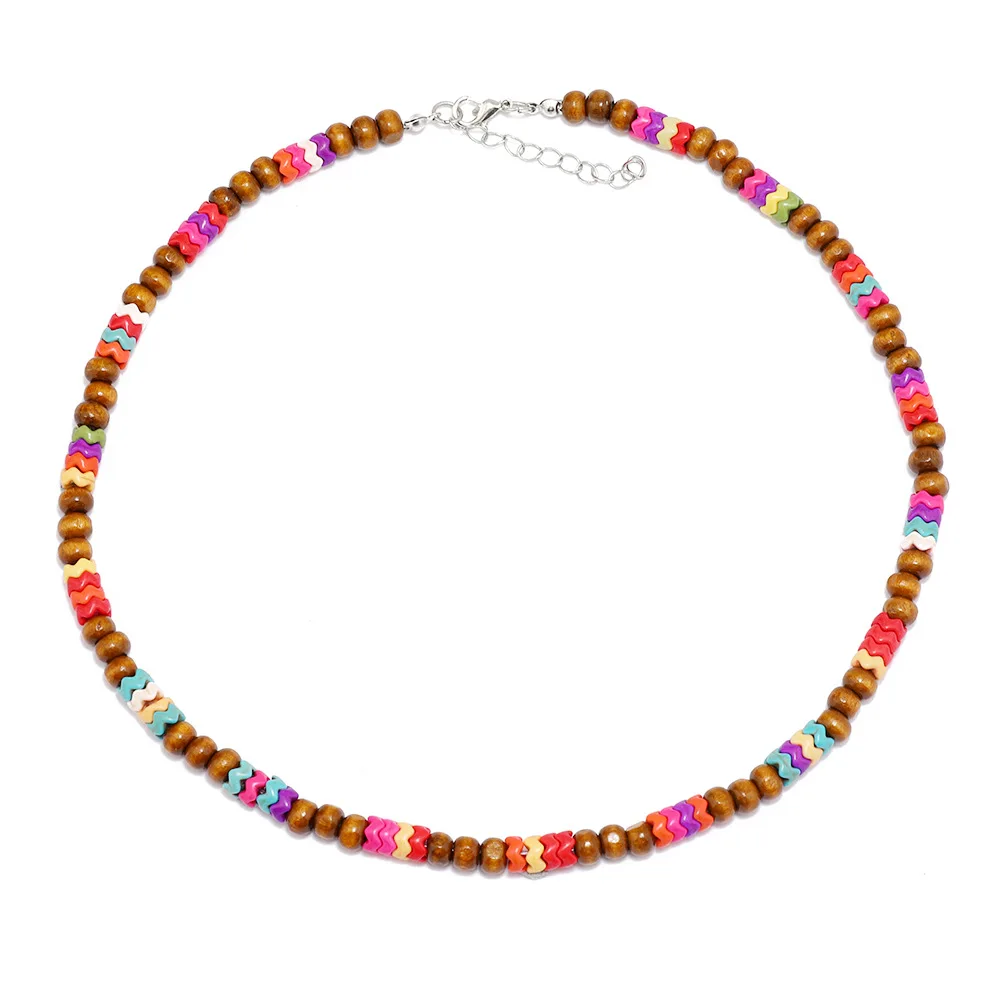 Colorful Wooden Puka Shell Necklace Seashell Natural Stone Beaded Long Choker Necklaces for Women Teen Girls