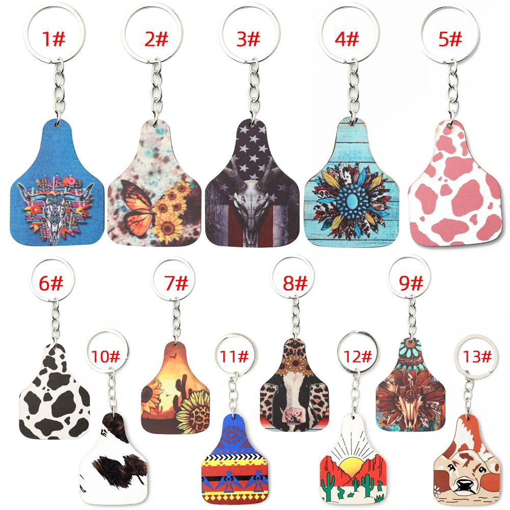 Western Vintage Long Tassel Sunflower Pendant Key Ring Cowboy Bull Head Dairy Cattle Print Cow Brand Wooden Keychain