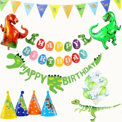 Dinosaur birthday party decoration kit Pennant banner balloon Garland decorative paper hat props baby birthday party supplies