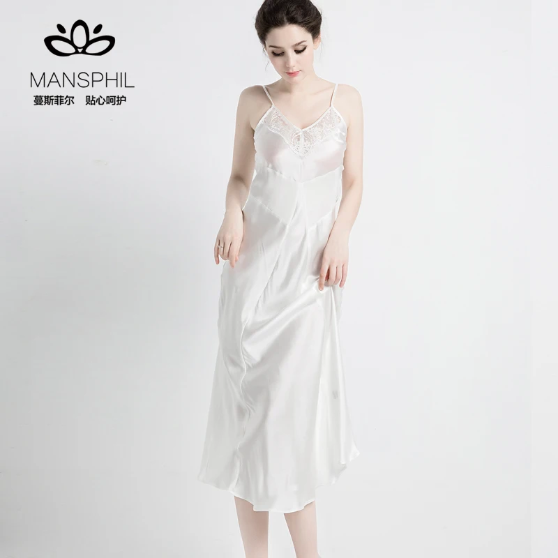 Elegant Nightwear Pure Mulberry Silk Satin Trimmed Lace Sleep Dress Nice Evening Dress
