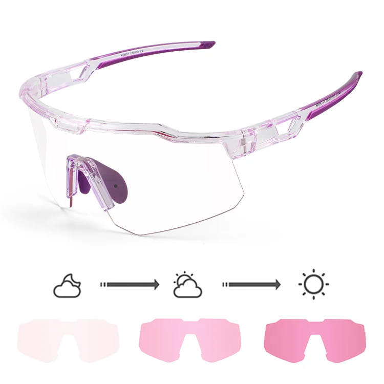 Unisex oversized cycling outdoor photochromic glasses uv400 outdoor road eyeweaer clear lens pink color changing bike sunglasses