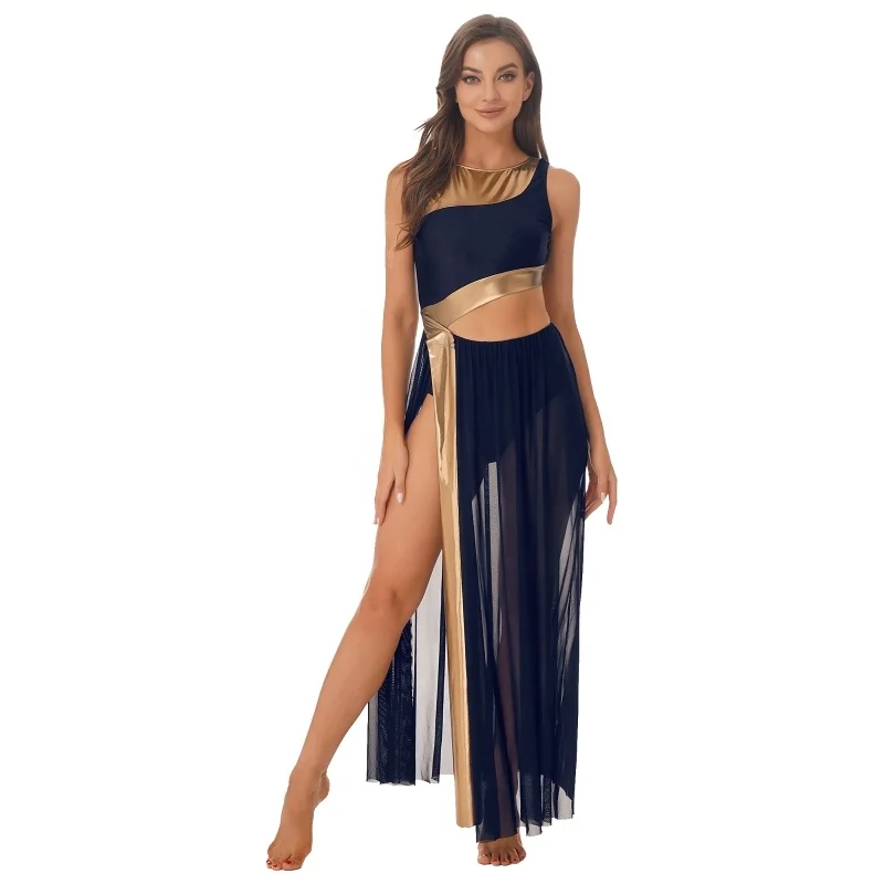 Womens Metallic Color Block Patchwork Lyrical Dance Dress Sleeveless Cutout Mesh Dresses Dancewear