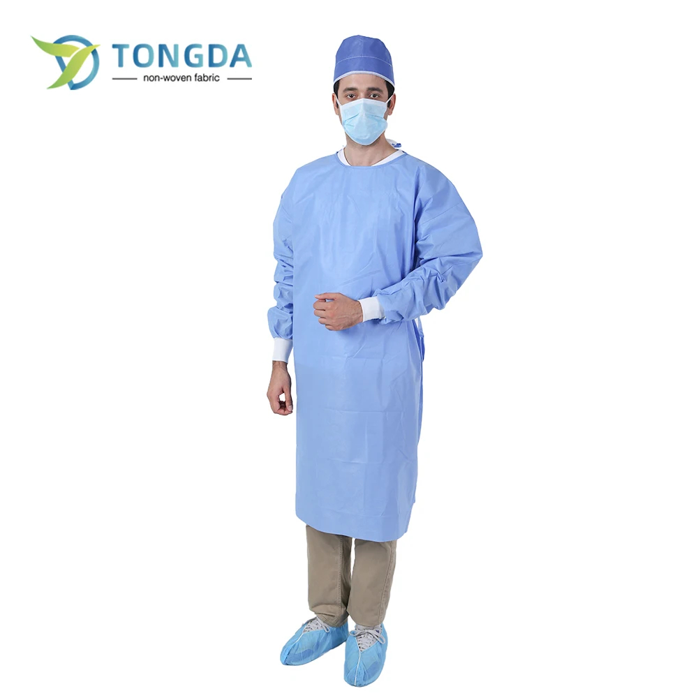 Blue standard reinforced disposable surgical non woven waterproof lab coat with single collar