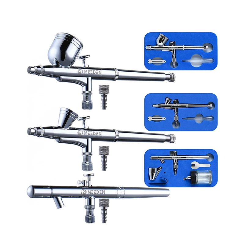 MEEDEN 3pcs Airbrush Gun Set, 0.25, 0.35, 0.5mm Needles Pre-Equipped, Dual-Action 2pcs Gravity Feed and 1pc Siphon Feed for Art