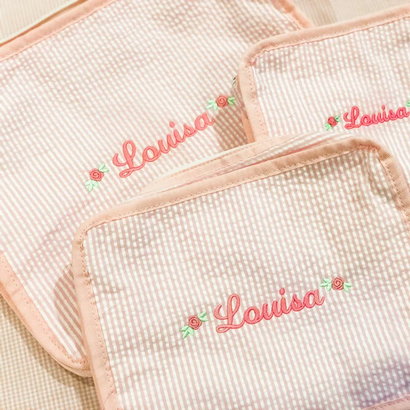 Seersucker Luggage Organizer Bag Set Custom Cosmetic Bag Embroidered Travel Toiletry Bag