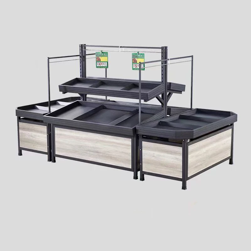 Wooden color fruit vegetable display rack for supermarket