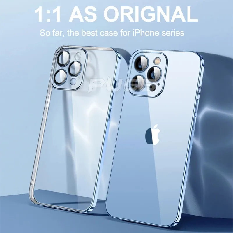 For iPhone 14 Pro Max With Lens Protector Transparent Silicone Case 14 Plus 11 12 13 Pro XS XR 7 8 Plus SE 3 Plating Clear Cover