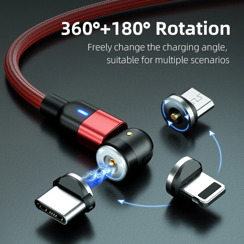 2022 L-shaped bending rotate usb magnetic 3 in 1 usb charging cable data cables for all mobiles phones LED cables