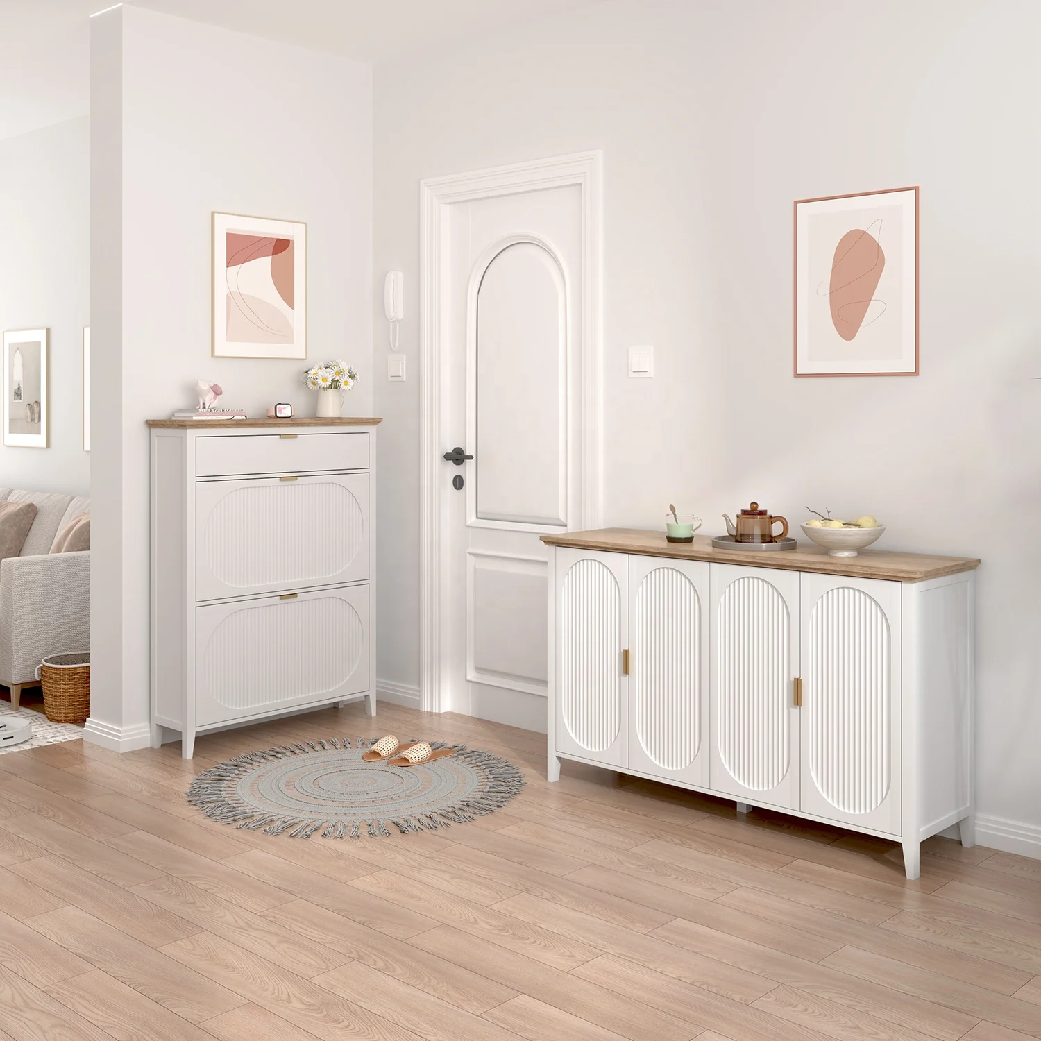 Fluted Panel Dining Living Room Coffee bar Cabinet Furniture 4 Door Wooden Kitchen Buffet Sideboard