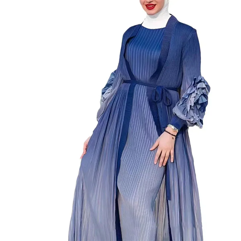 Дубайский халат 2024 плиссированное платье с аппликацией открытым градиентом спереди абайя 2 шт. жилет без рукавов арабское скромное для женщин